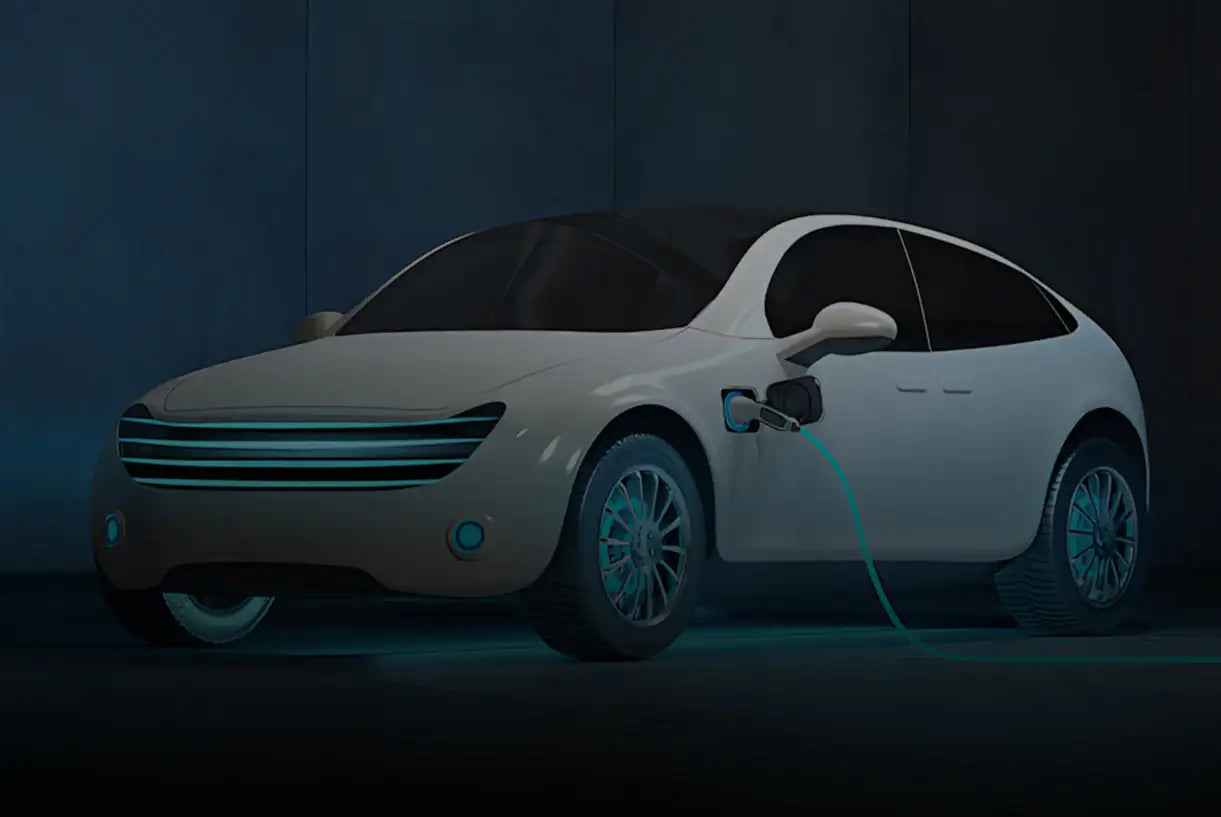 White electric car charging with glowing blue accents in a dark setting